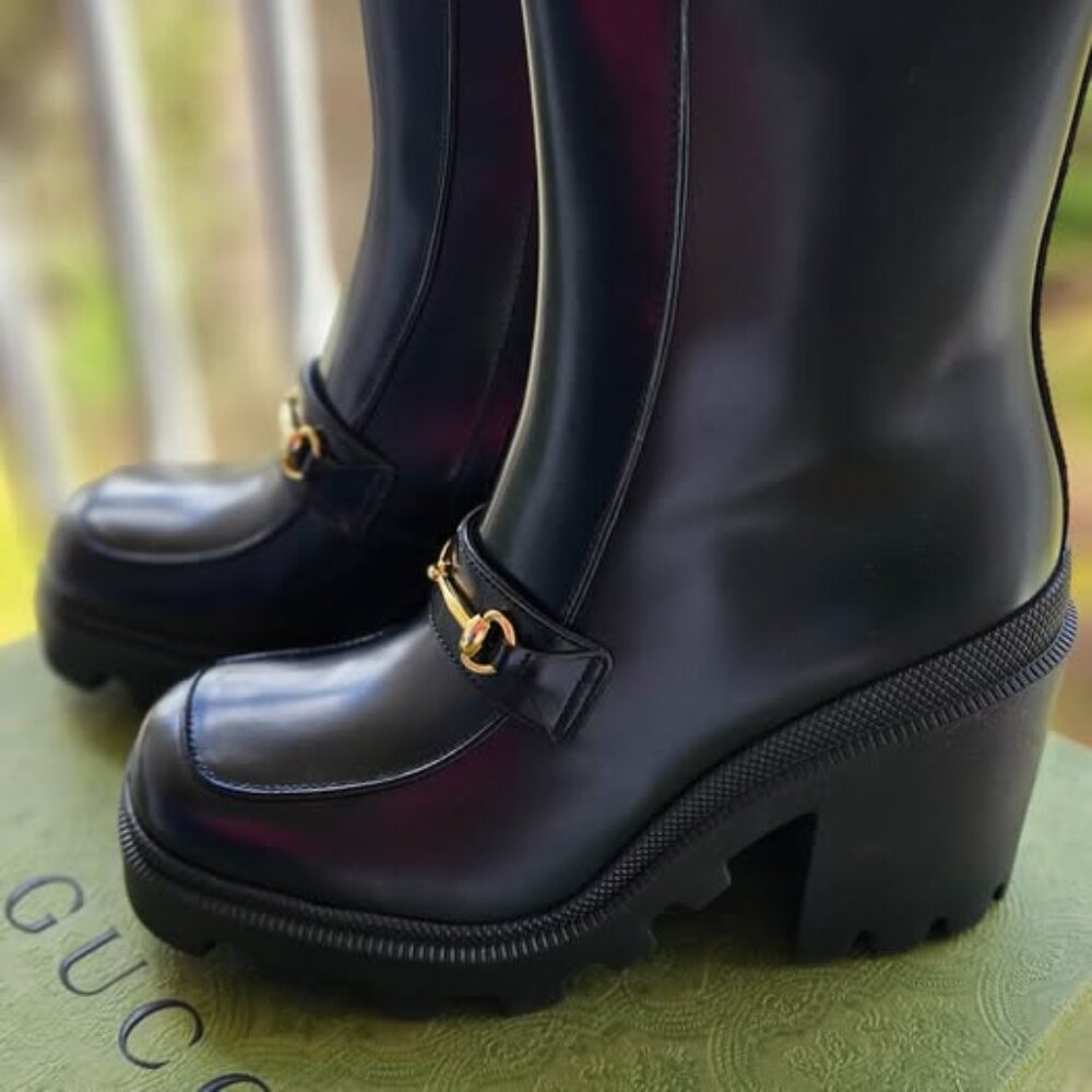 Gucci Horsebit Ankle Boots Black Leather Square Toe Lug Sole Size 36.5 / US 6.5 - Picture 8 of 14